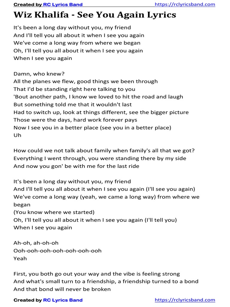 Salinan Wiz Khalifa See You Again Lyrics PDF Recorded Music