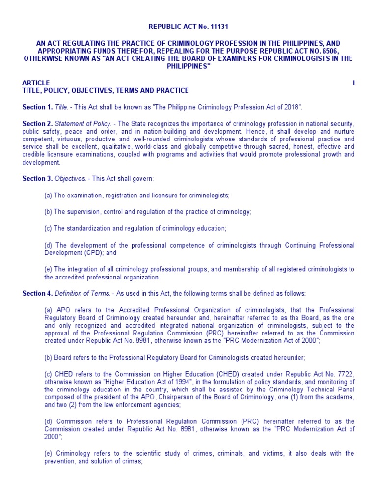 REPUBLIC ACT No 11131 | PDF | Licensure | Crimes