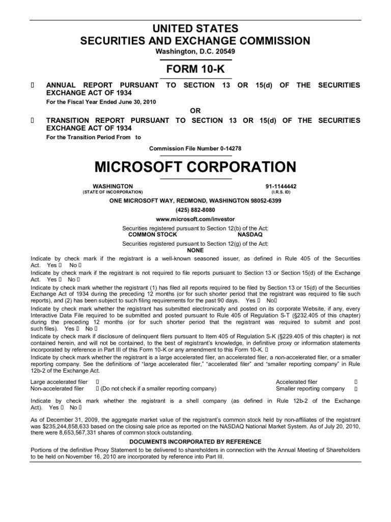 Microsoft 2010 10K | PDF | Microsoft Windows | Oracle Corporation