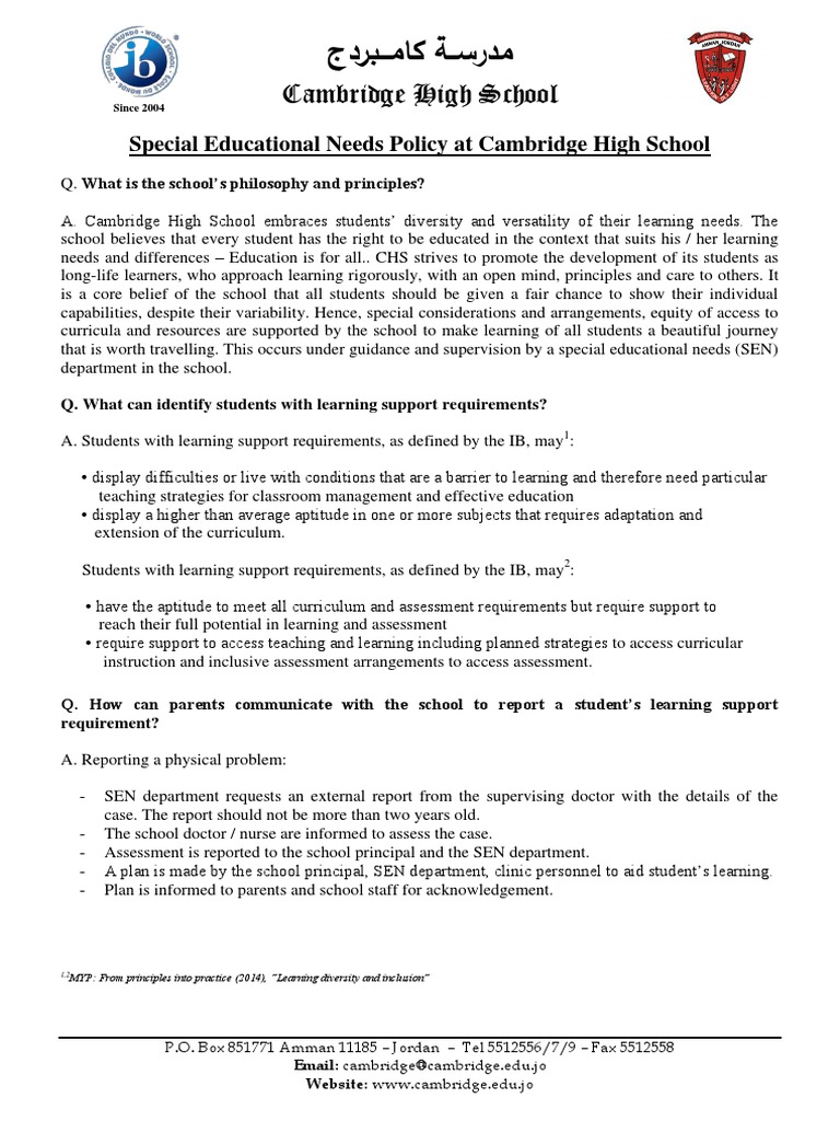 Cambridge High School Special Educational Needs Policy PDF