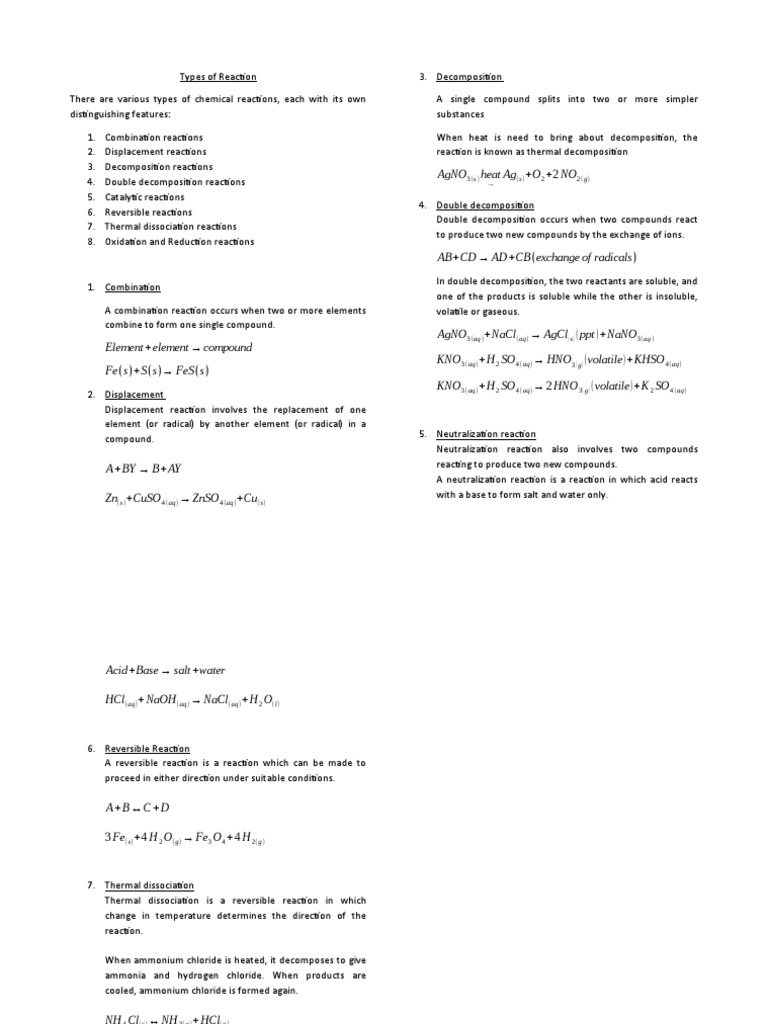 Week 7 Types Of Chemical Reactions PDF Chemical Reactions