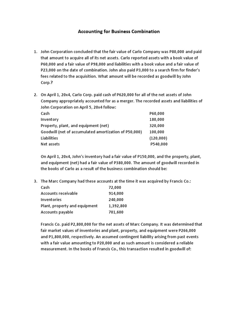 Accounting For Business Combination Recit & Seatwork PDF Book