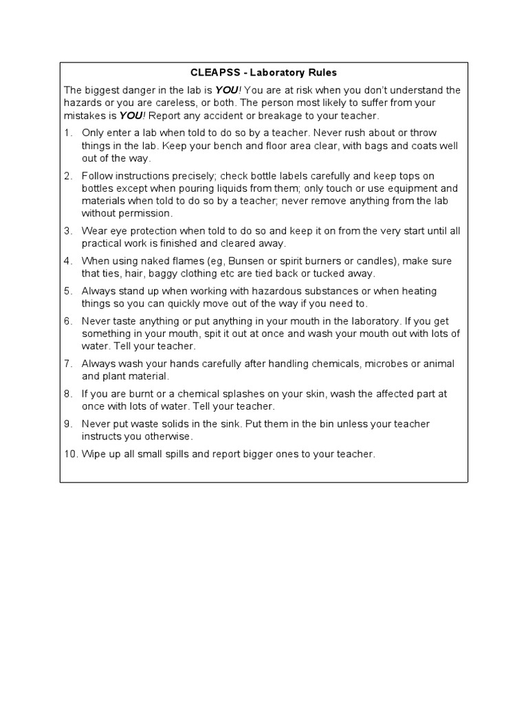 GL284 CLEAPSS Lab Rules Poster PDF