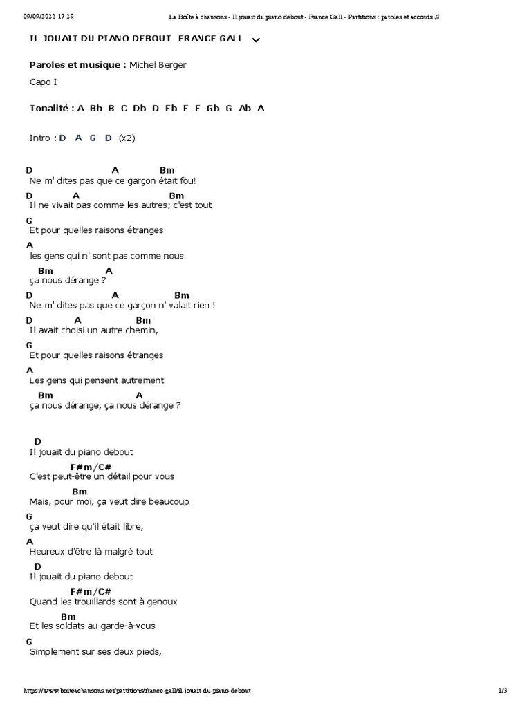 La Boîte À Chansons Il Jouait Du Piano Debout France Gall Partitions Paroles Et Accords