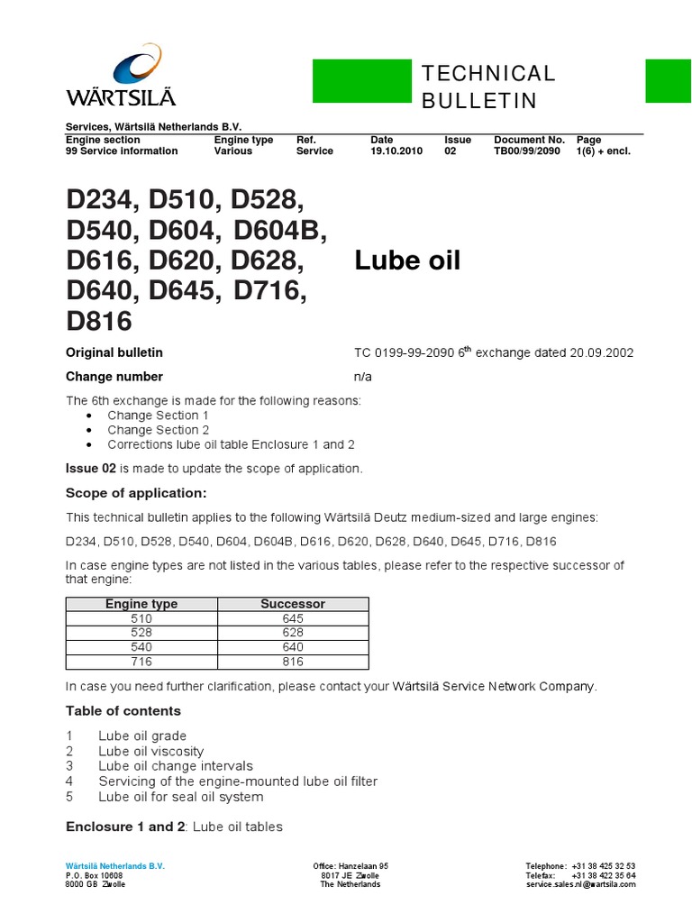 Service Bulletin (TB00!99!2090) Lubrication Oils For Medium Speed