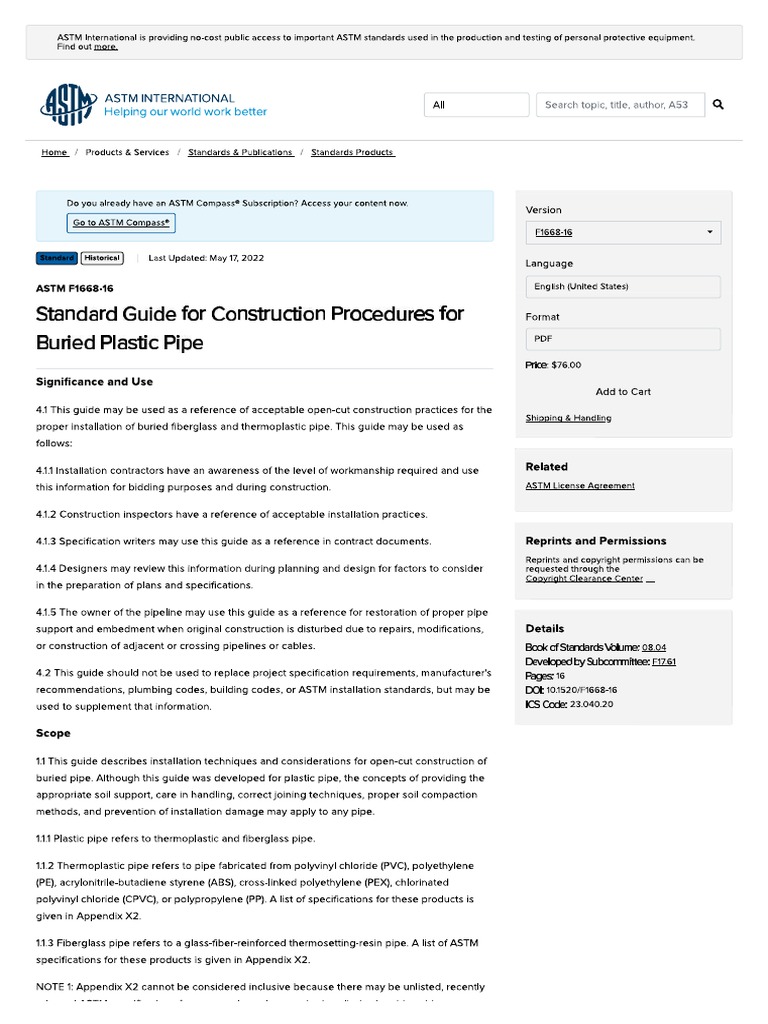 Standard Guide For Construction Procedures For Buried Plastic Pipe PDF
