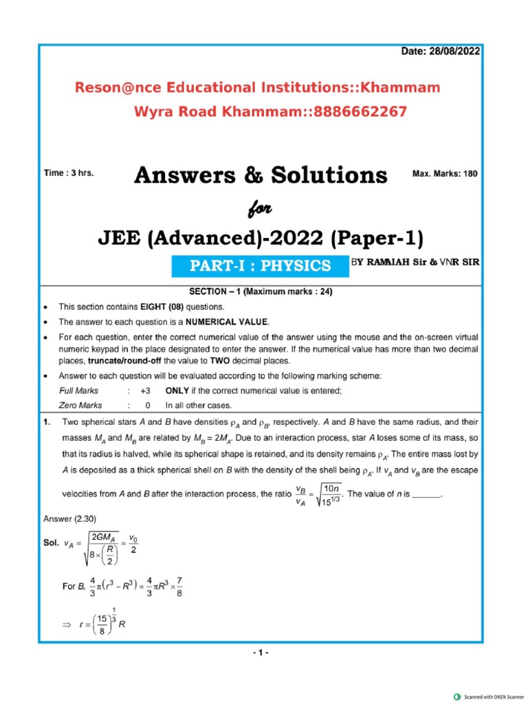 JEE Advanced Paper 1 PDF