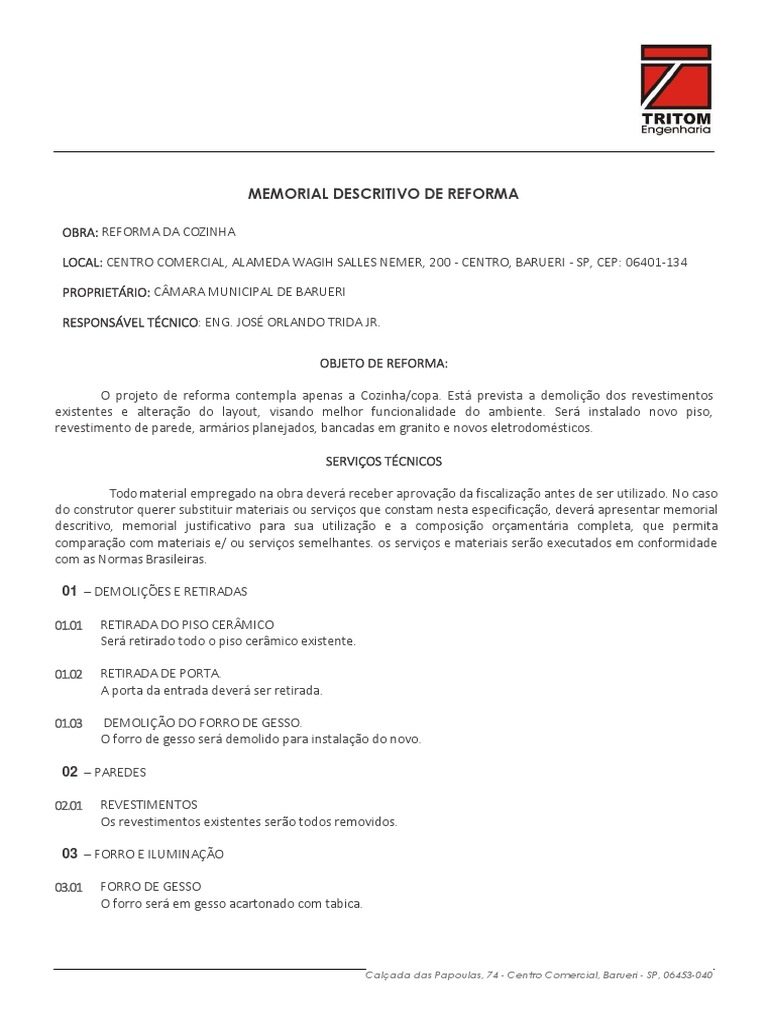 Memorial - Descritivo - Cozinha - 1 | PDF | Iluminação pública
