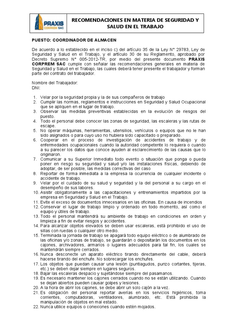Recomendaciones - Coordinador de Almacen | PDF | Prueba (evaluación ...