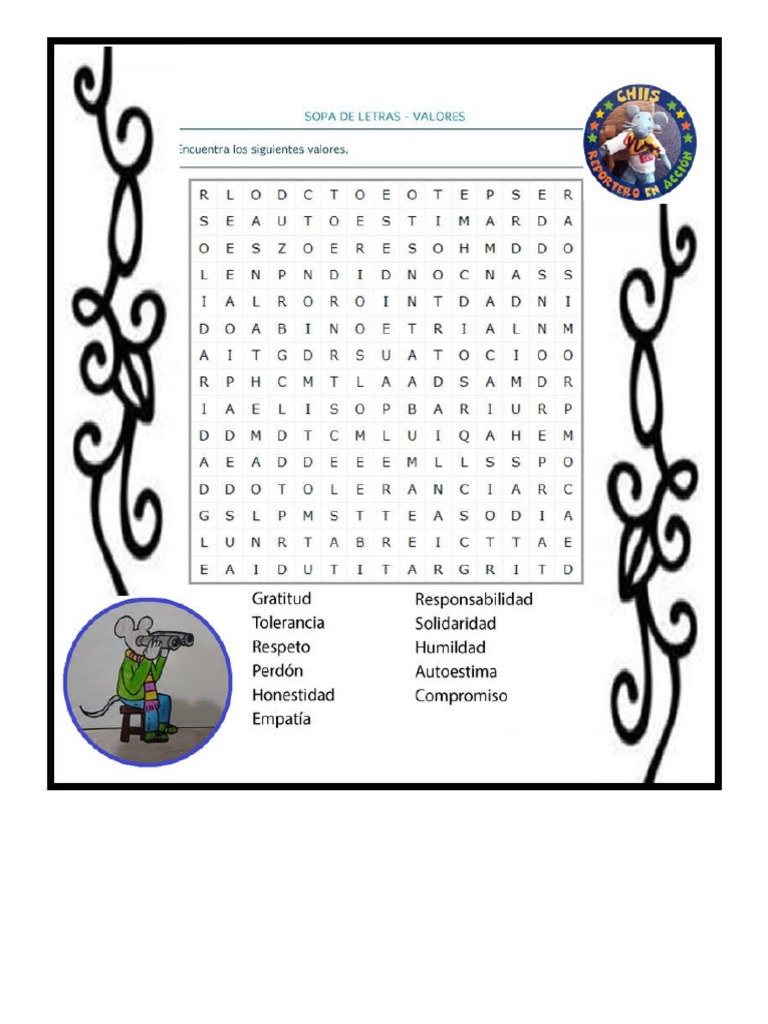 Sopa letras valores pdf