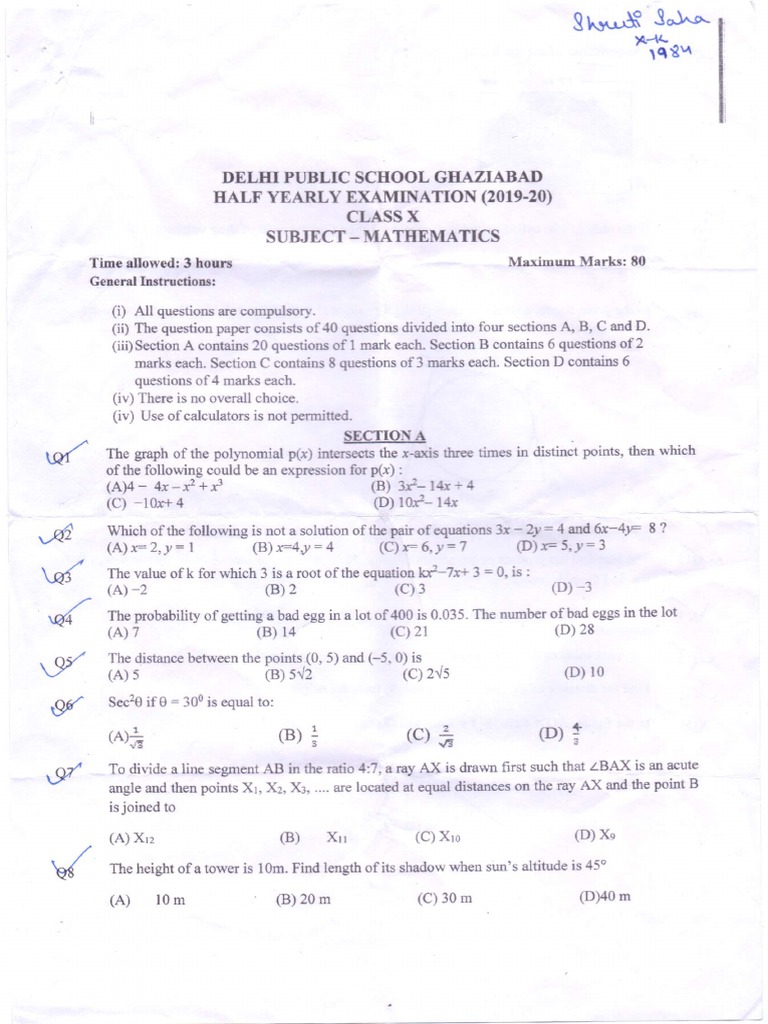 CBSE Class 10 Half Yearly Question Paper Maths 201920 PDF