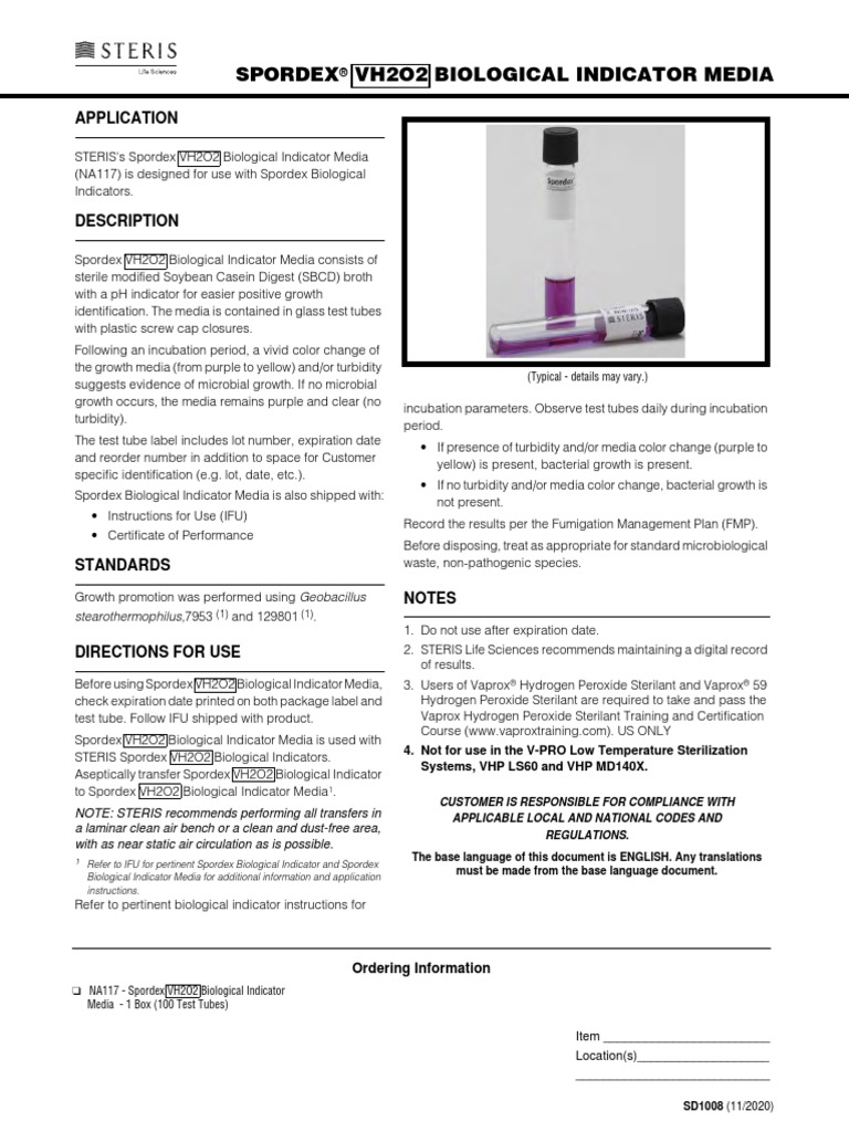 STERIS Spordex VH2O2 Biological Indicator Media TDS SD1008A PDF