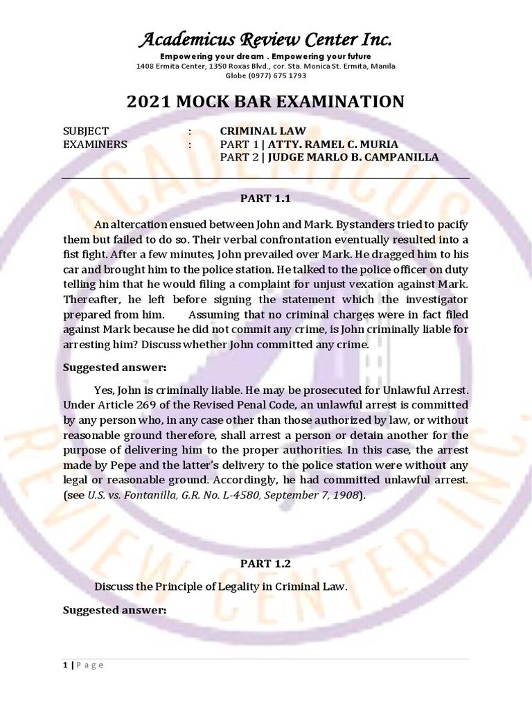 Mock bar exam in criminal law 2021 pdf statute of limitations plea