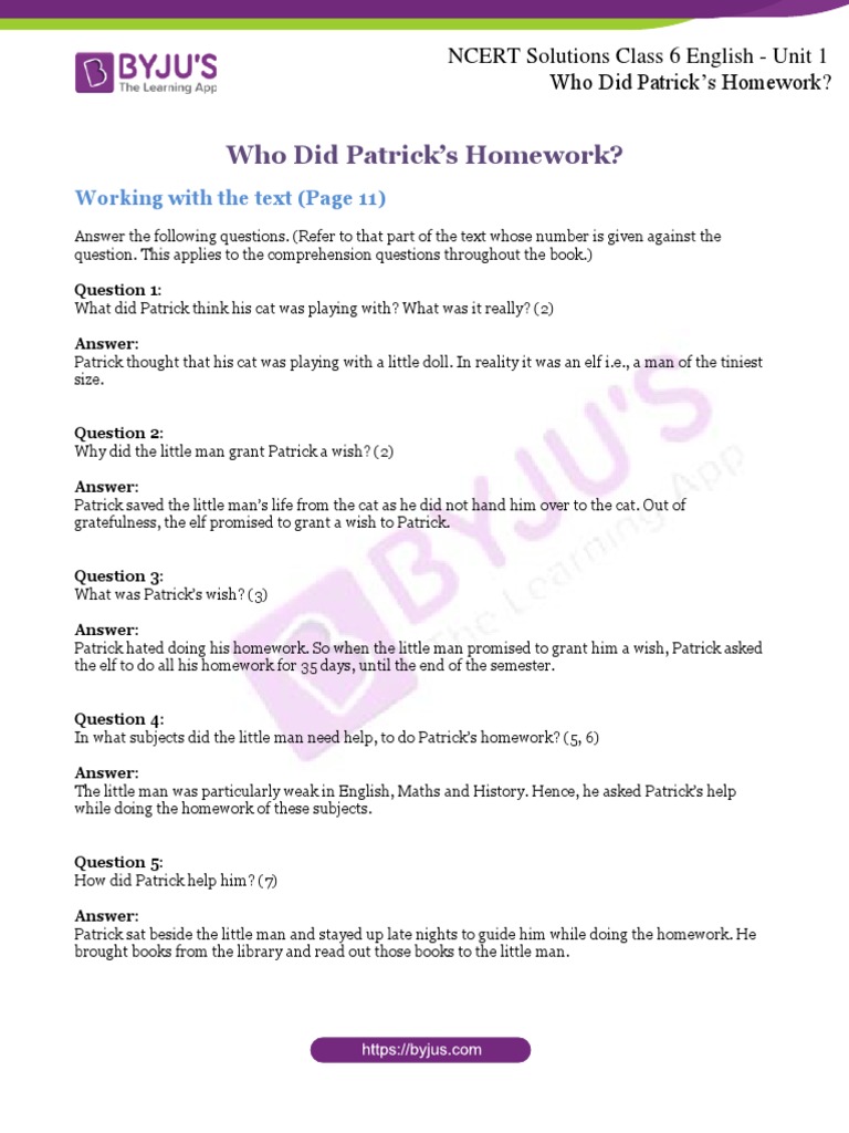 NCERT Solutions Honeysuckle Class 6 English Unit 1 Who Did Patricks