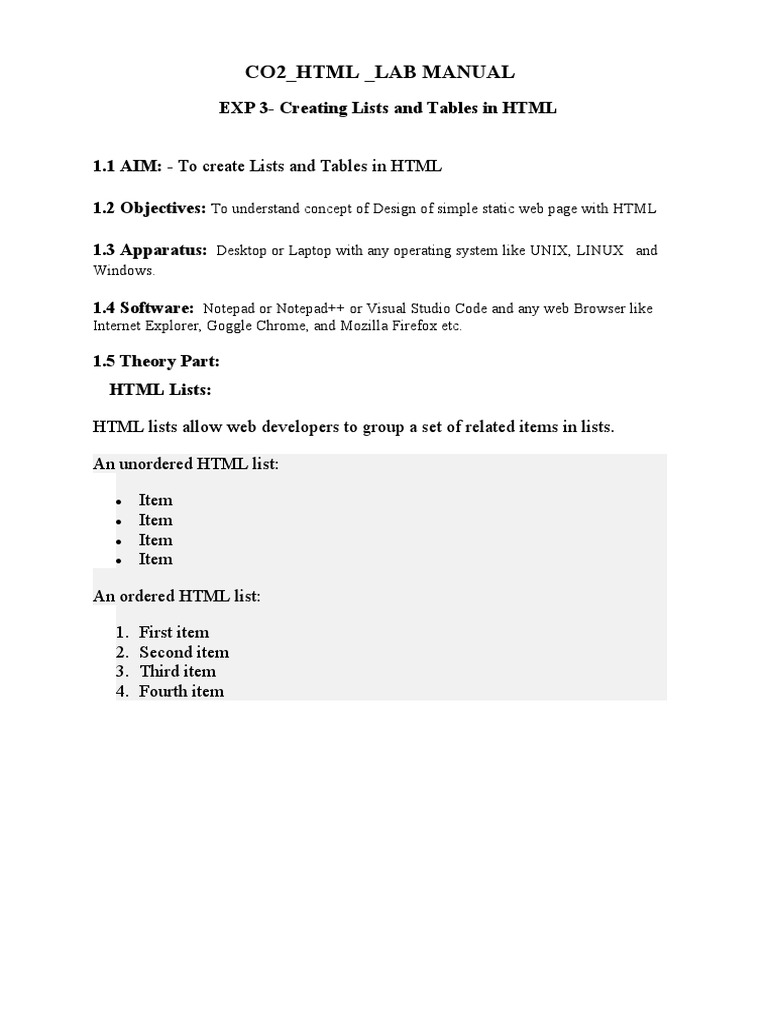 Exp - 3 - HTML - Lab Manual | PDF | Html Element | Html