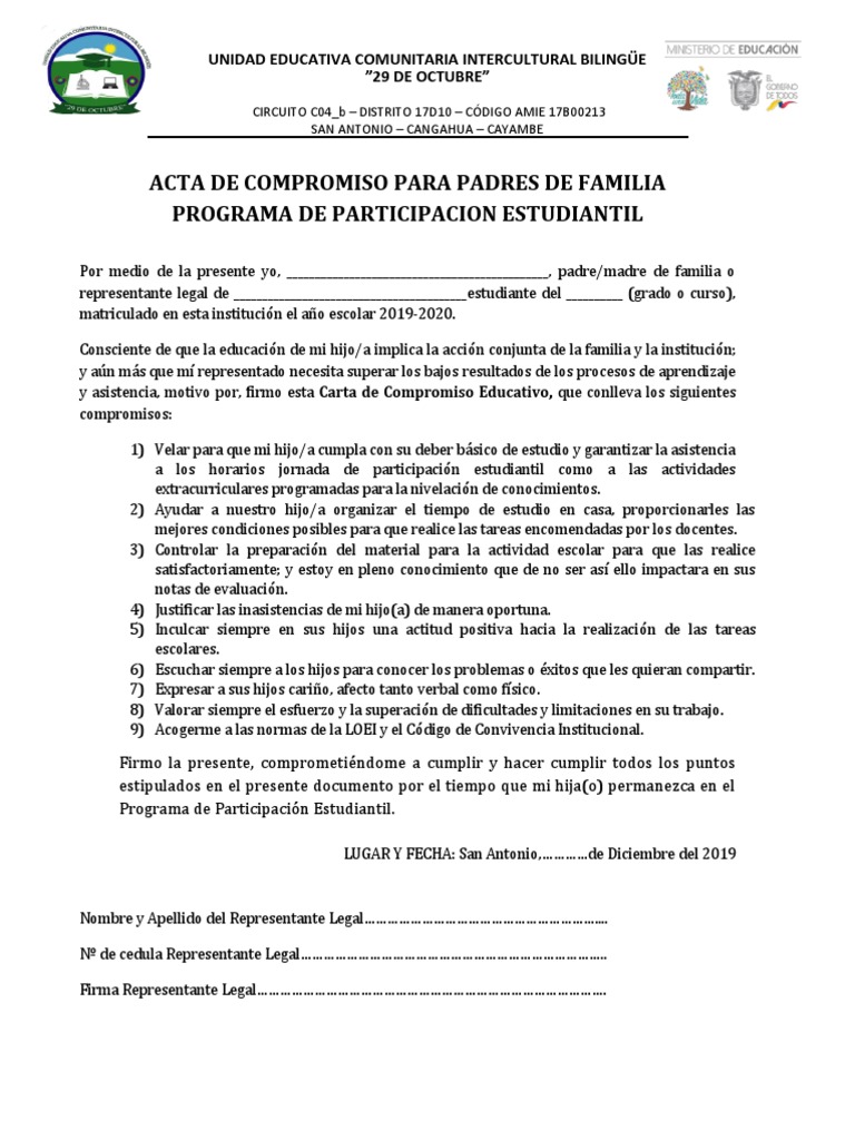 Acta de Compromiso para Padres de Familia Ppe | PDF | Aprendizaje ...