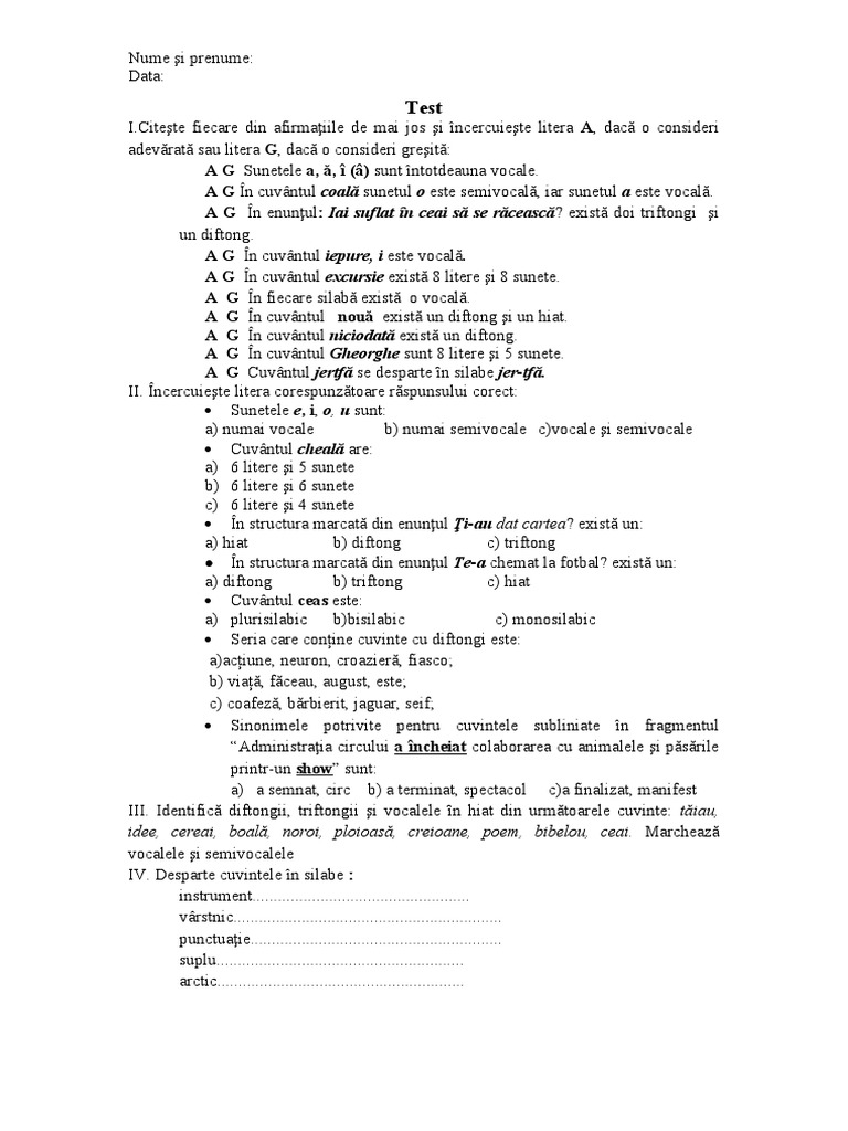 Test Clasa A VI-A, Română | PDF