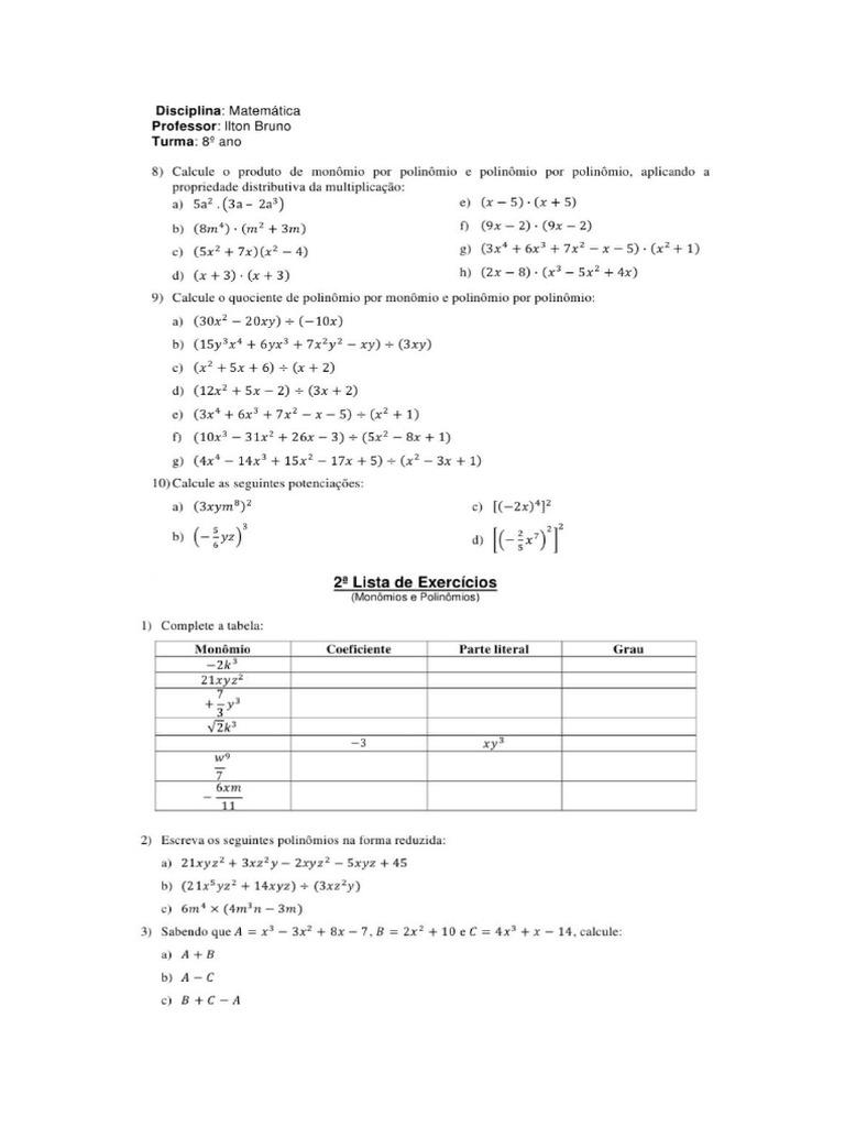 Exercicios Monomios e Polinomios | PDF