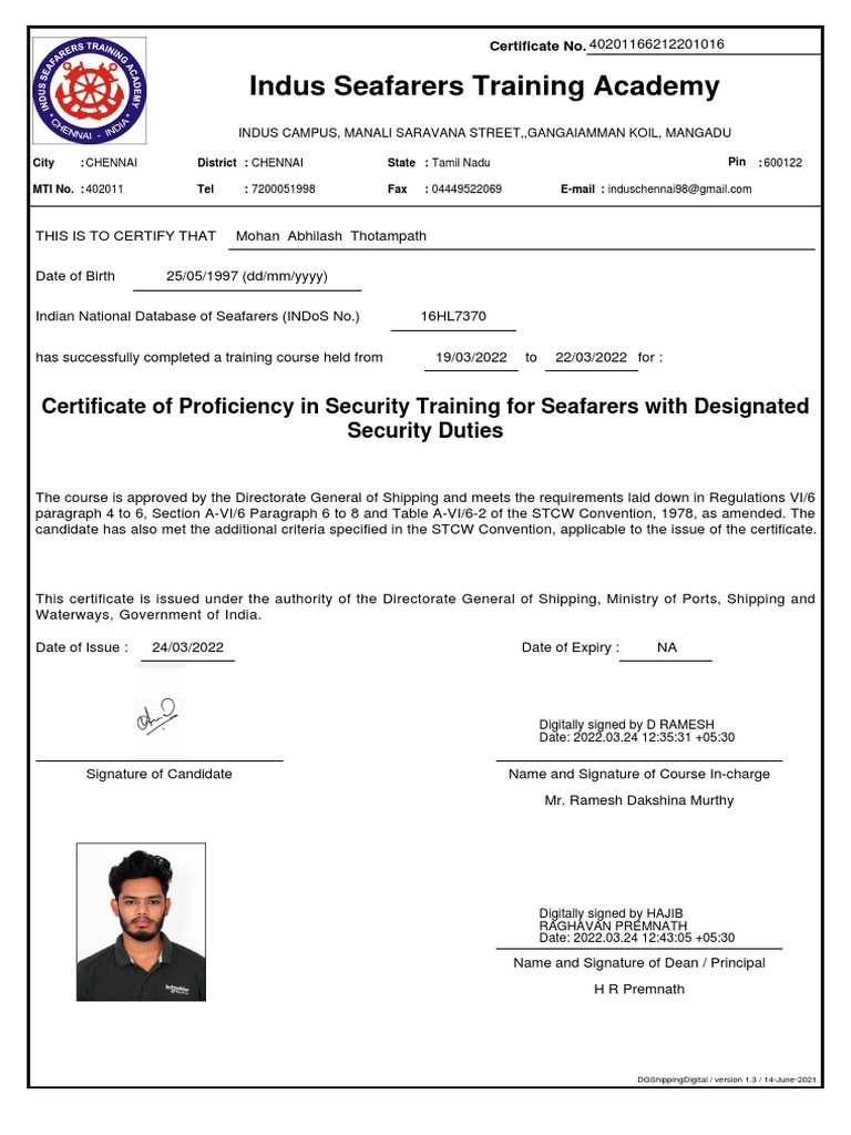 Indus Seafarers Training Certificate | PDF