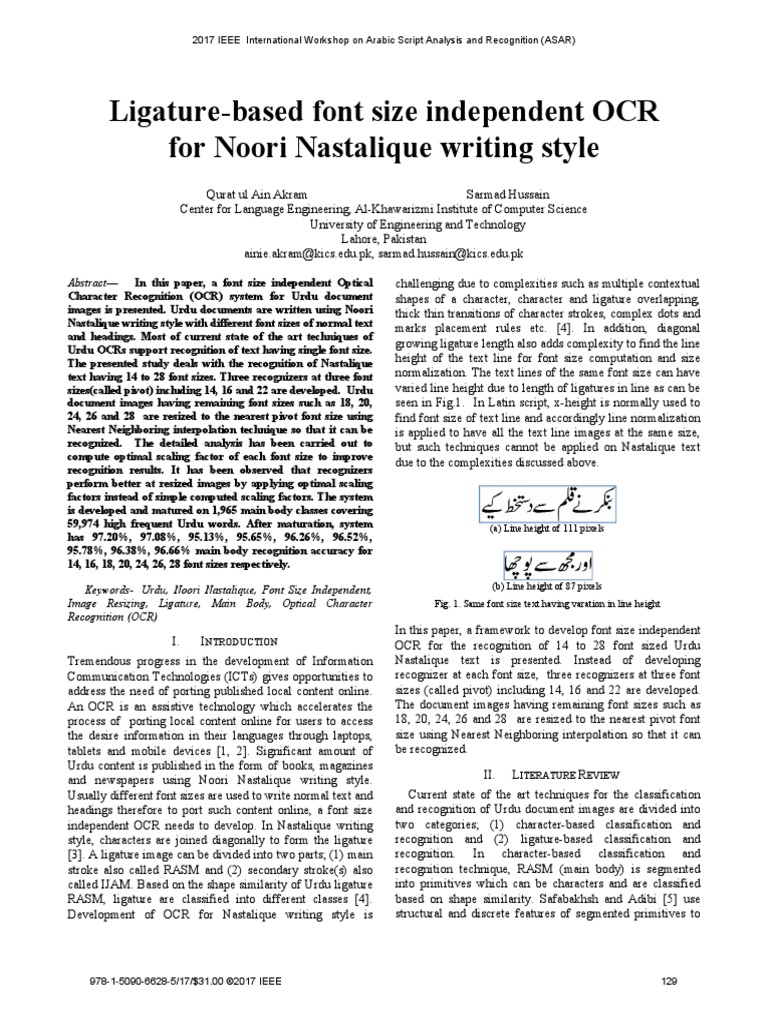 LigatureBased Font Size Independent OCR For Noori Nastalique Writing