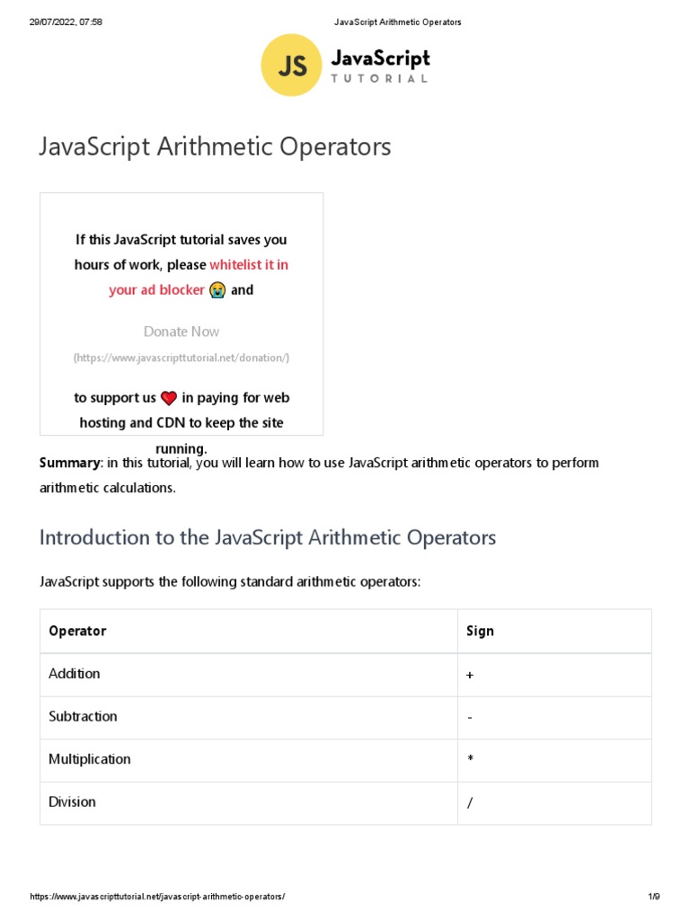 JavaScript Arithmetic Operators | PDF | Computer Programming | Mathematics