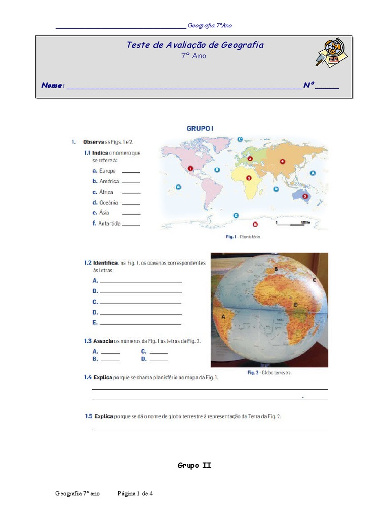 Teste Geografia 7º Ano | PDF | Geografia | Mapa