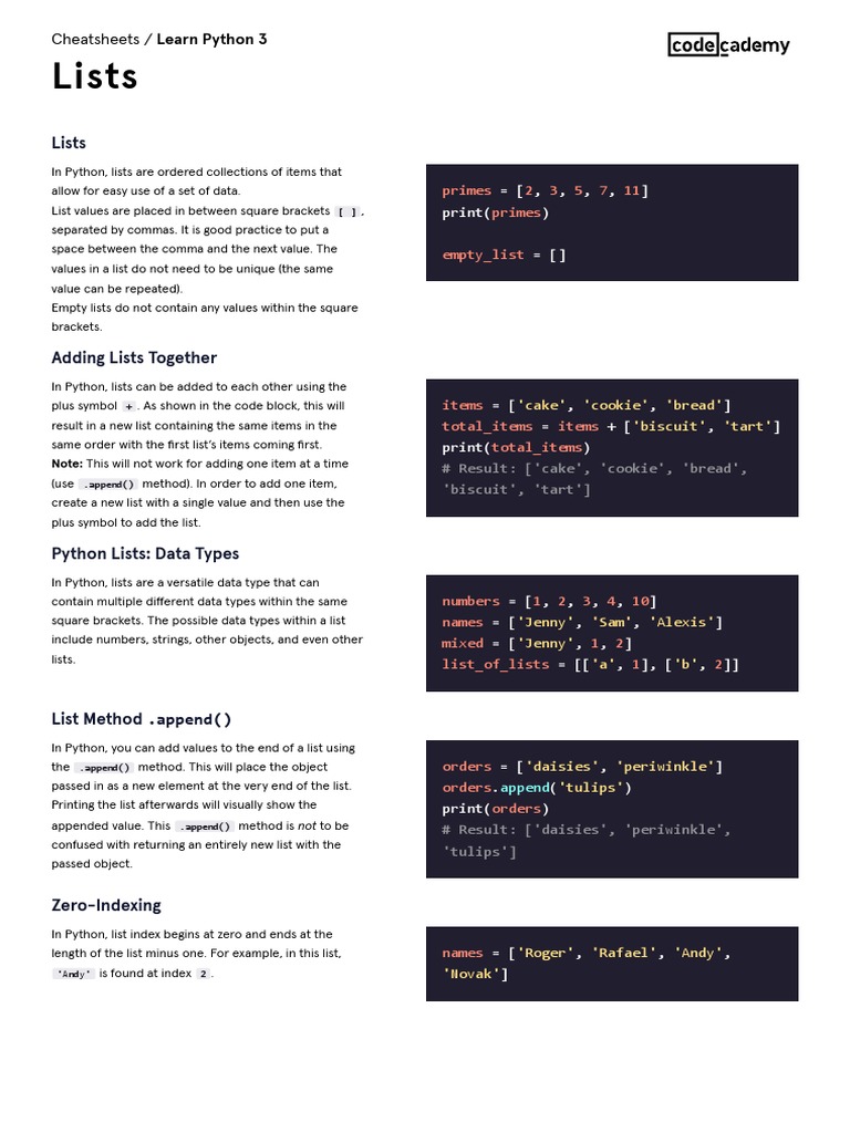 Learn Python 3 - Lists Cheatsheet - Codecademy | PDF | Computer ...
