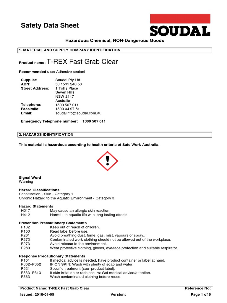 T-REX Fast Grab Clear Safety Data Sheet | PDF | Toxicity | Dangerous Goods