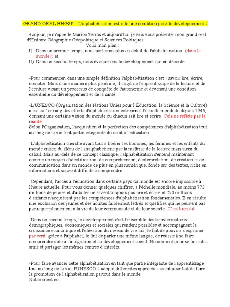 GRAND ORAL HGGSP Marion 2 PDF Alphabétisation