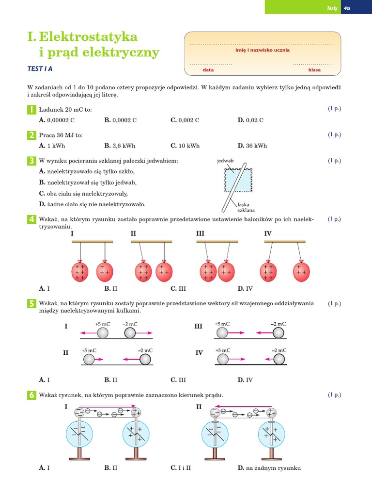 Elektrostatyka I Prąd Elektryczny Klasa 8 Test 1 Elektrostatyka I Prad Elektryczny Grupa A | PDF