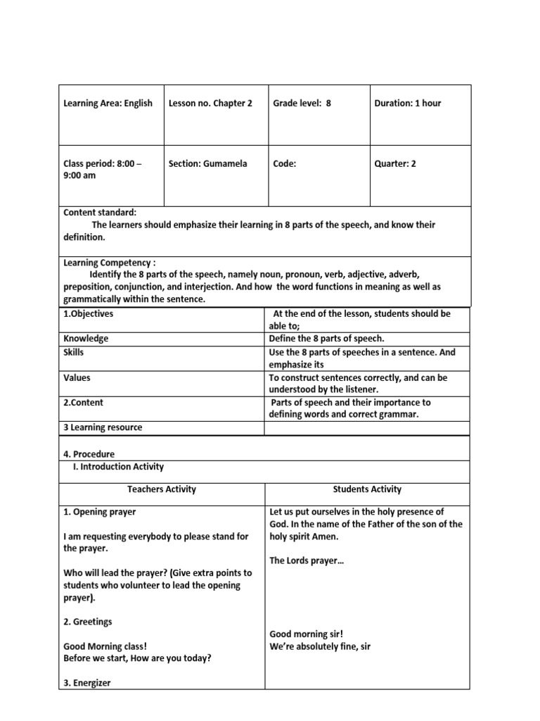 Grade 8 Parts of Speech Lesson Plan | PDF | Adverb | Part Of Speech
