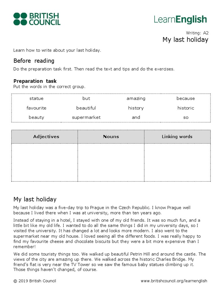 LearnEnglish Writing A2 My Last Holiday | PDF | Adjective