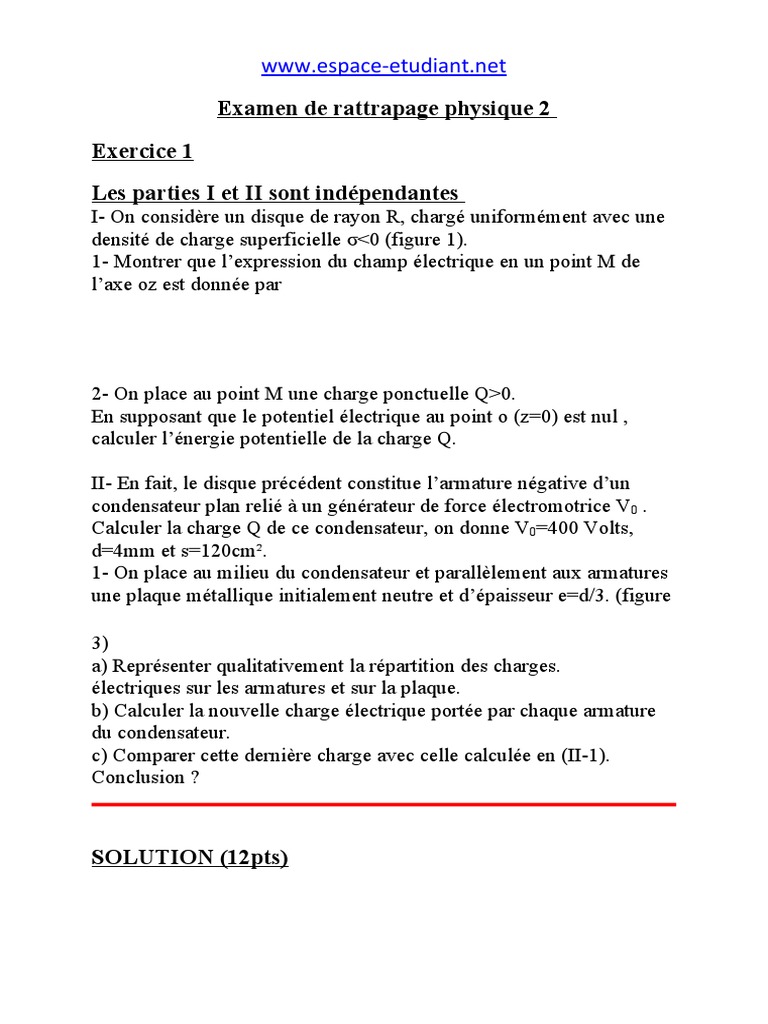 Rattrapage Physique2 + Solution | PDF | Condensateur | Sciences physiques