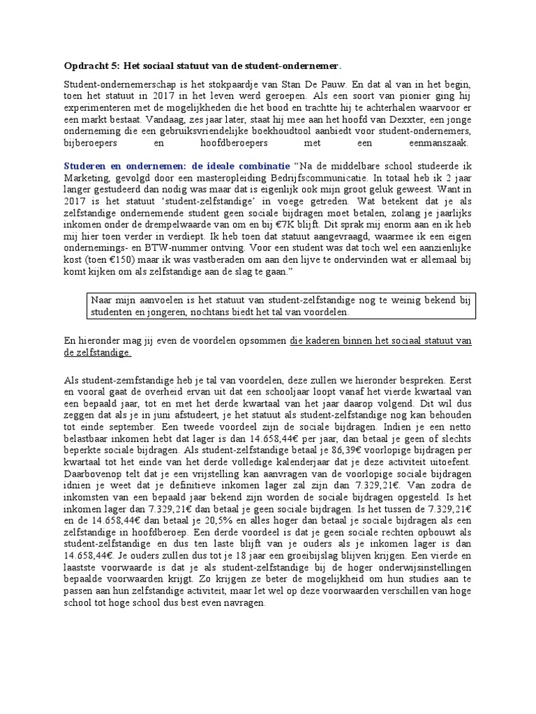 Opdracht 5 De Student Ondernemer En Zijn Sociaal Statuut Pdf