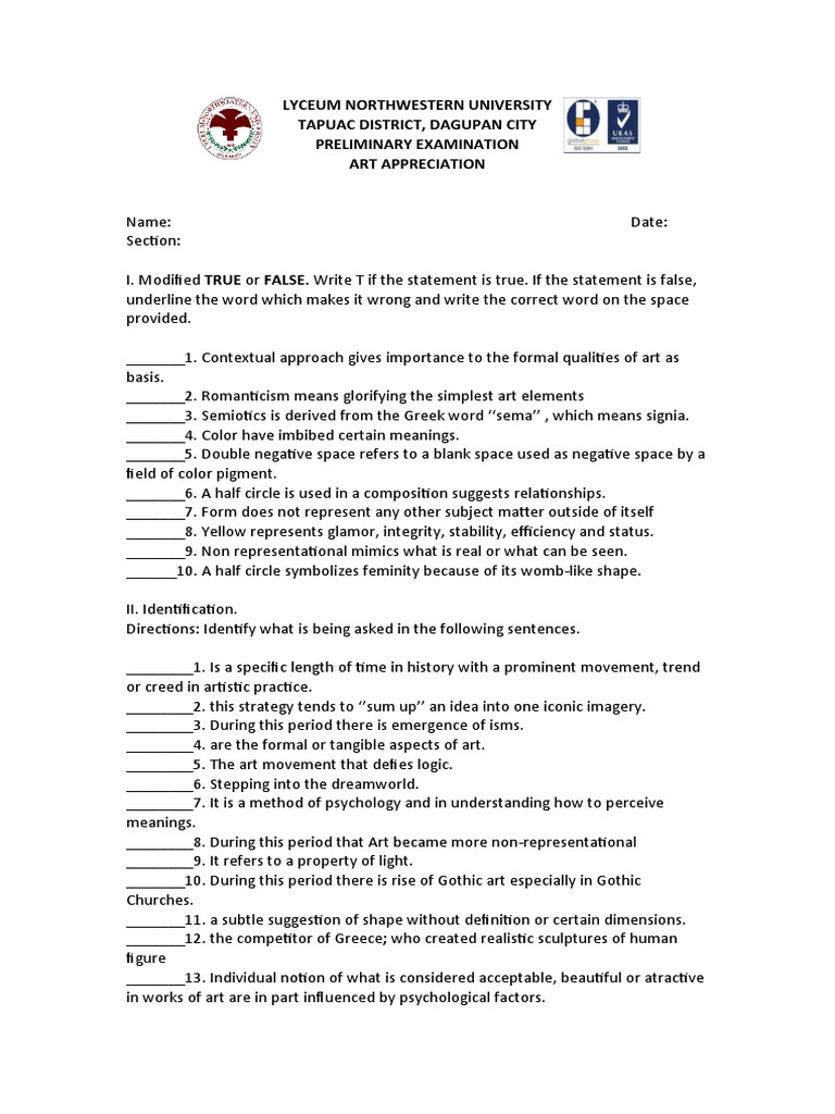 Art Appreciation Long Quiz PDF Space Psychology