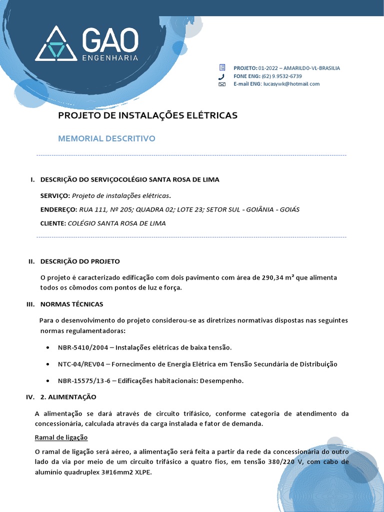 Memorial Descritivo Ele | Download grátis PDF | Fiação elétrica ...
