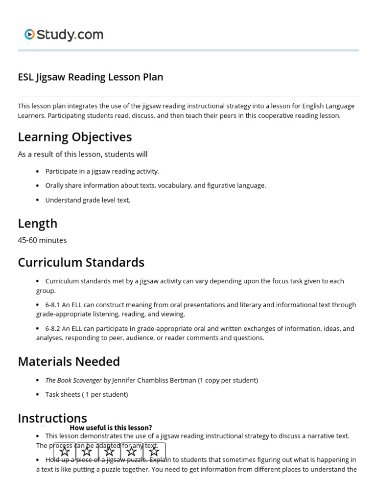 ESL Jigsaw Reading Lesson Plan PDF Lesson Plan Applied Linguistics