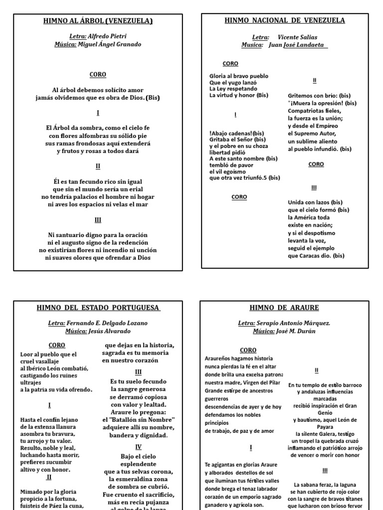 Diptico de Himnos Nacional, Edo Port, Arbol y Araure | PDF