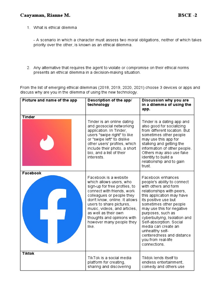 Ethical Dilemmas of Popular Apps | PDF | Tinder (App) | Facebook