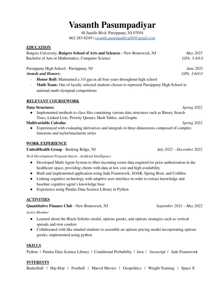 Vasanth Pasumpadiyar's Resume | PDF | Option (Finance) | Python ...