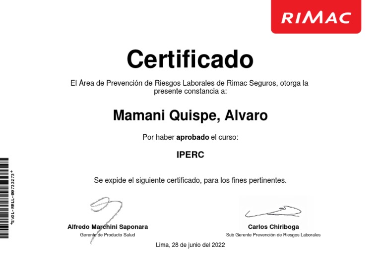 Certificado de Curso IPERC 2022 | PDF