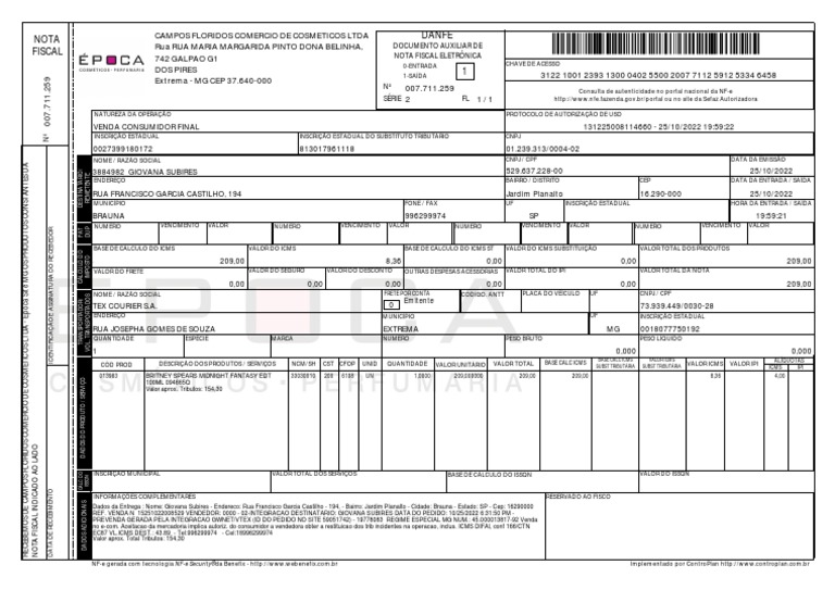 Danfe Nota Fiscal | PDF | Recibo | Documentos empresariais
