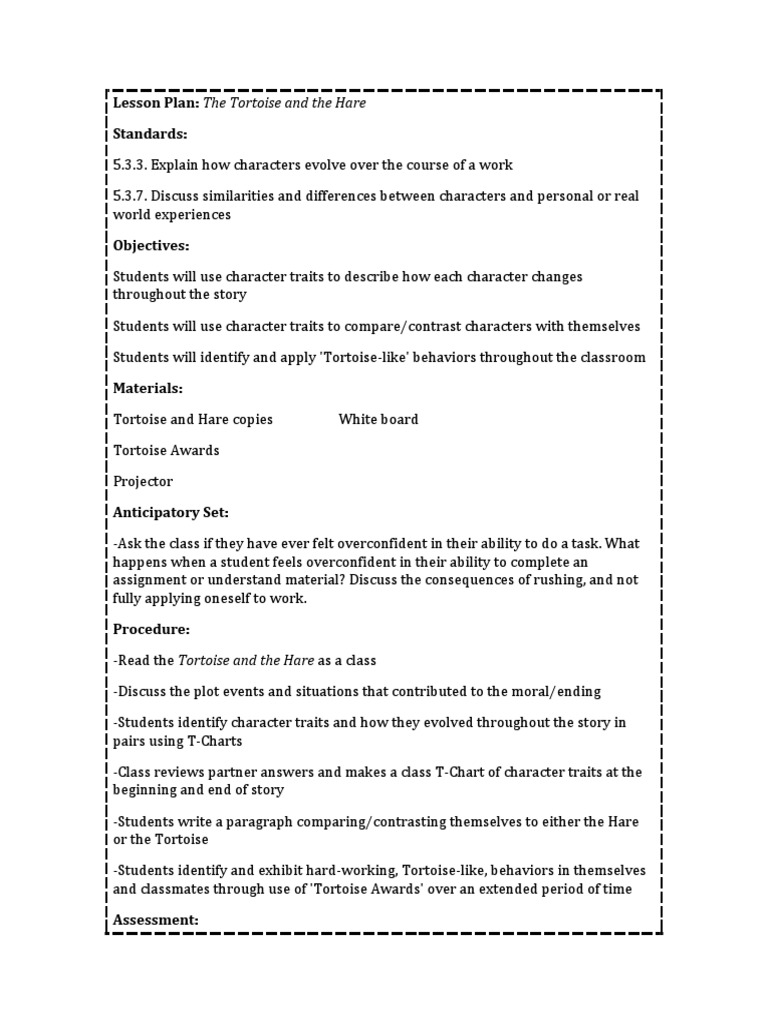 Tortoise and Hare Character Lesson Plan | PDF | Language Arts ...