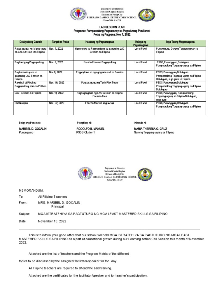LAC SESSION PLAN Filipino 2022 2023 | PDF