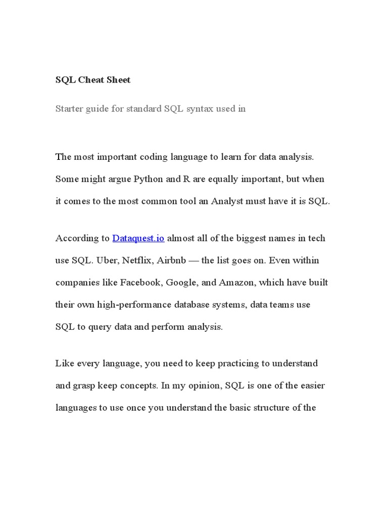 SQL Cheat Sheet | PDF | Sql | Relational Database