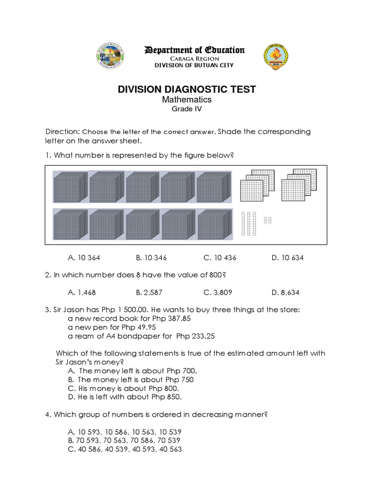 Diagnostic Test in Mathematics Grade 4 | PDF | Area | Volume