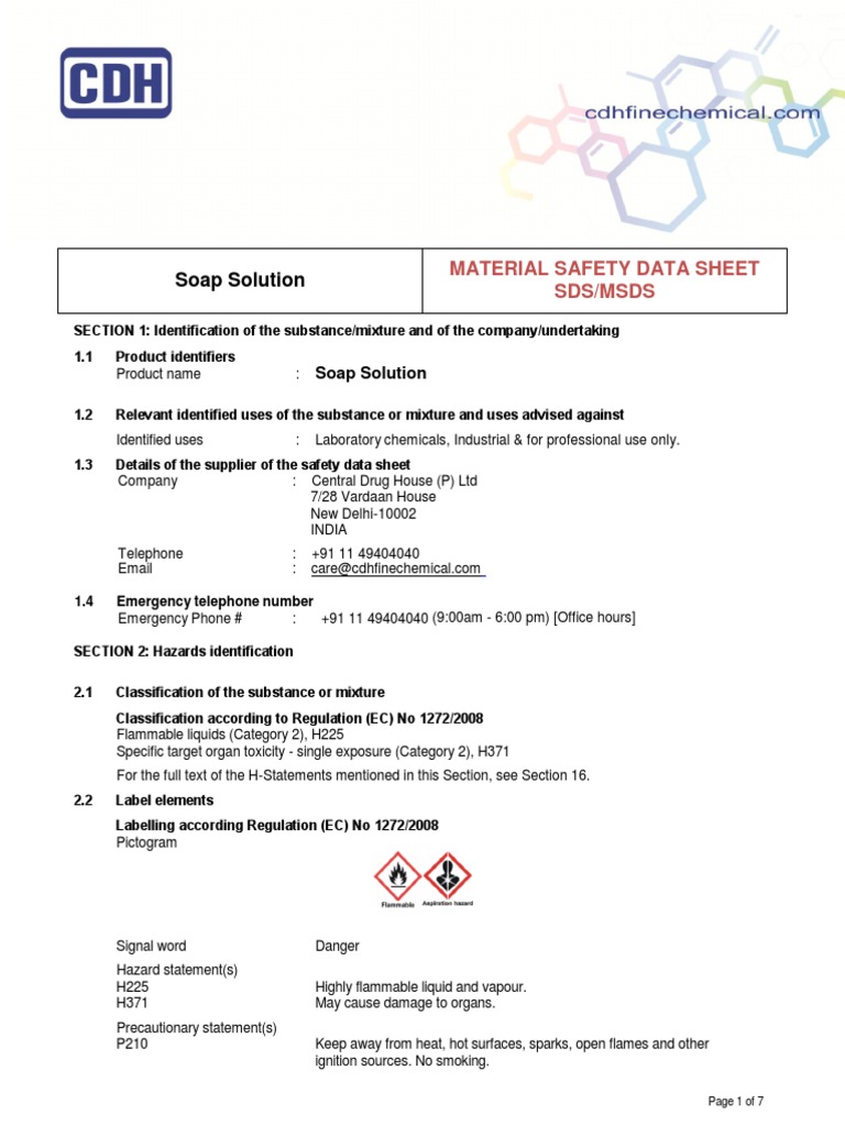 Soap Solution Safety Data Sheet | PDF | Toxicity | Physical Sciences