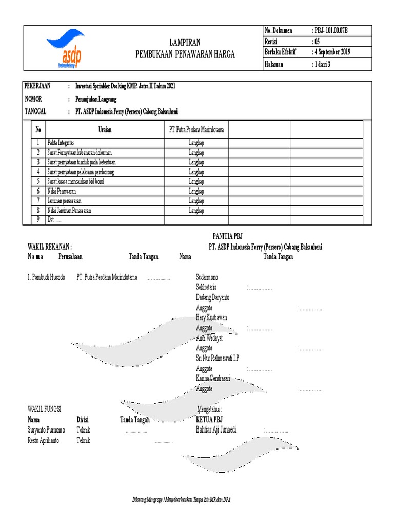 (PBJ-101.00.07B) Formulir Lampiran BA Pembukaan Penawaran Harga TTD | PDF