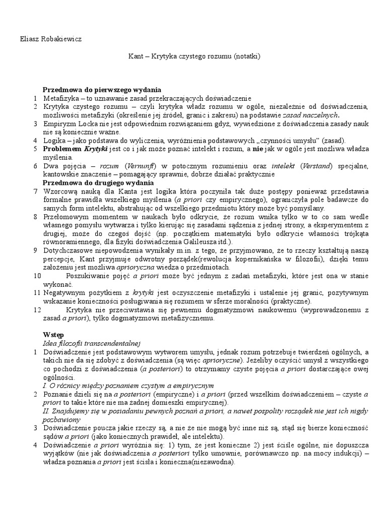 Kant - Krytyka Czystego Rozumu (Notatki) | PDF