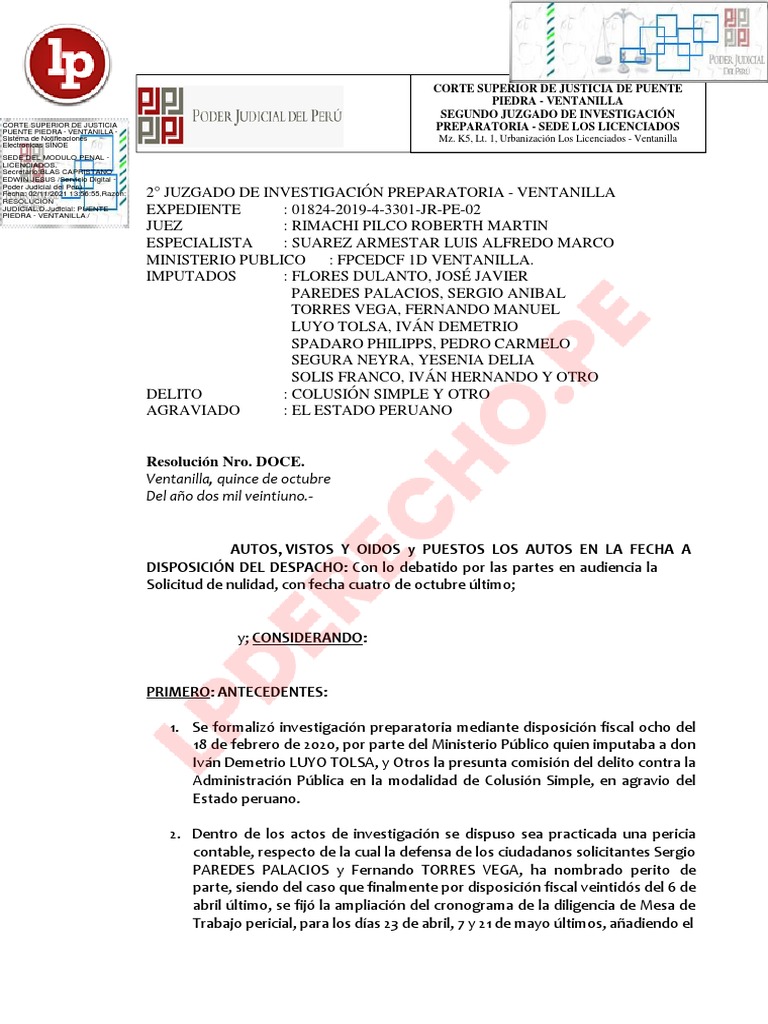Resolución Nro. DOCE.: Ventanilla, Quince de Octubre Del Año Dos Mil ...